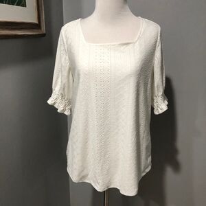 Adrianna Papell White Eyelet Lace Square Neckline Lined Blouse Sz Medium